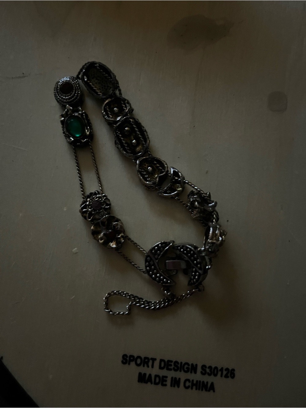 Silver-Tone Floral bracelet with Green Stone Accent